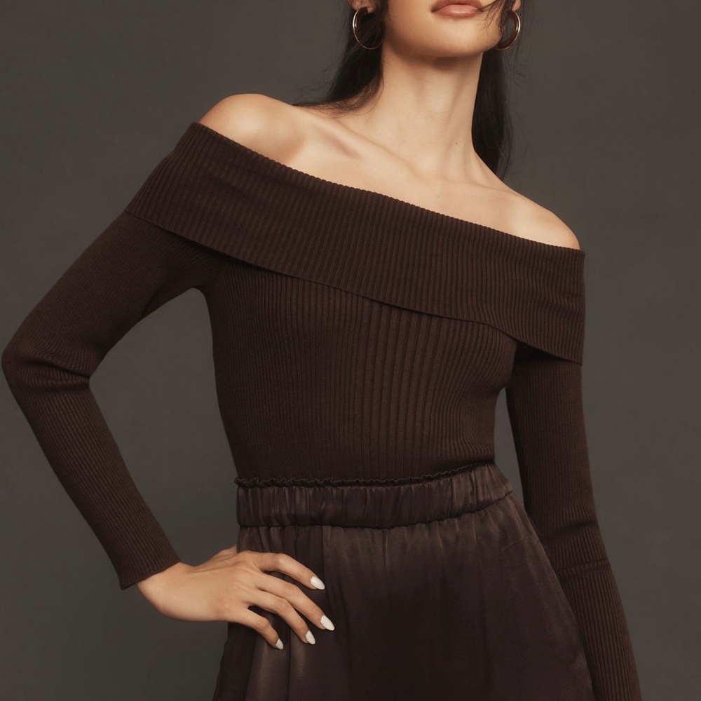 Anthropologie Chocolate Off-Shoulder Jumpsuit - Picture 2 of 3